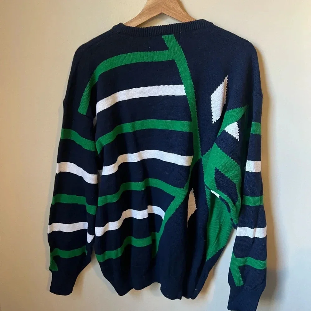 NWT Pringle Intarsia of Scotland Mens Sweater 100% Cotton Blue Geometric Pattern